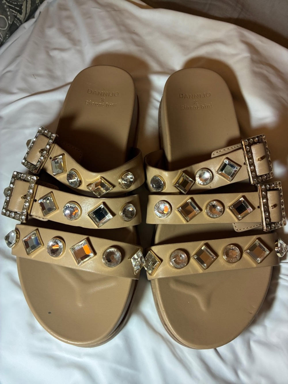 DANNIJO Tan Jeweled‎ Triple-Strap Slide Sandals